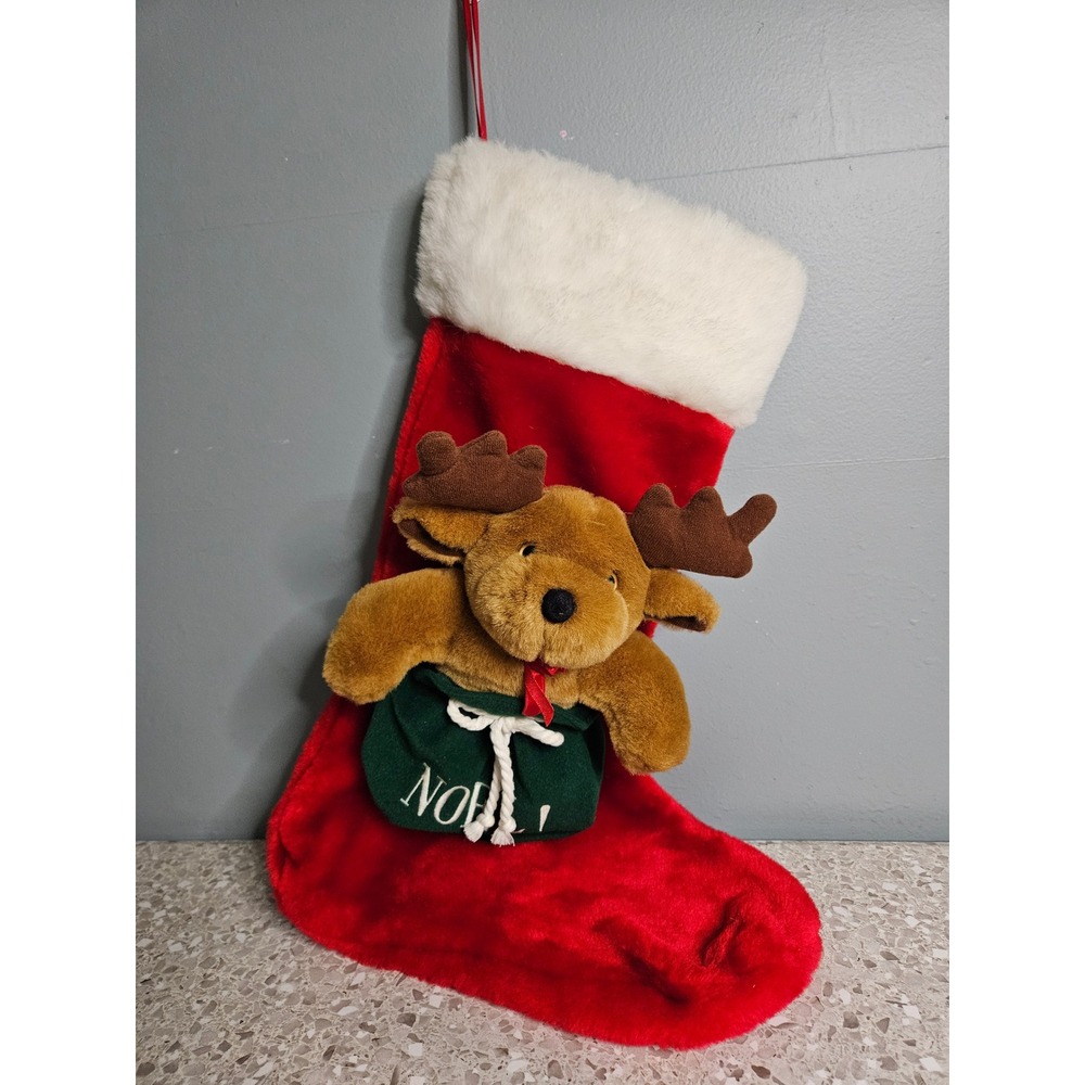 Christmas Stocking Red Reindeer Plush 3D Noel Green Sack Faux Fur Trim 20 Inch